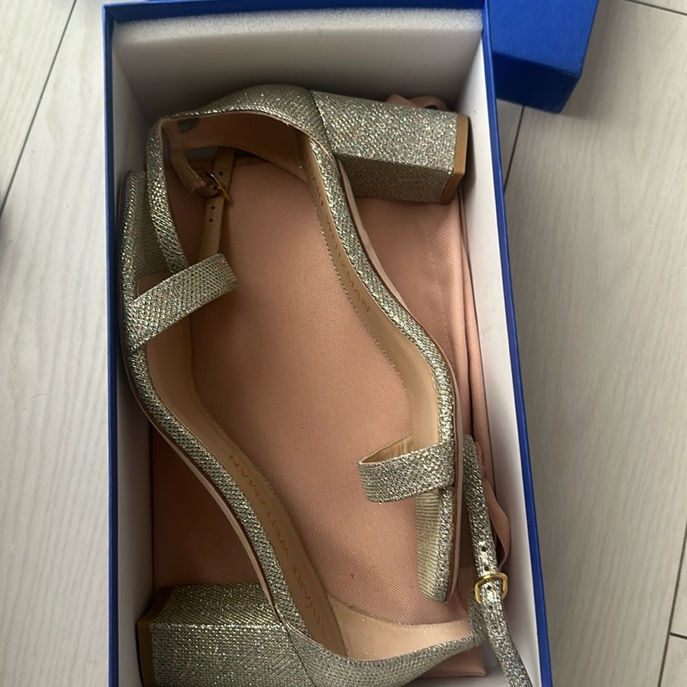 Brand new Stuart Weitzman Nudistcurve block heel sandal silver metallic sparkle